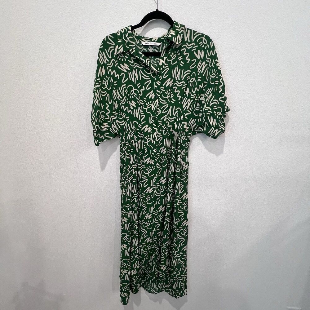 ZARA Abstract Green Button-Front Midi Dress | Size S | 100% Viscose Office